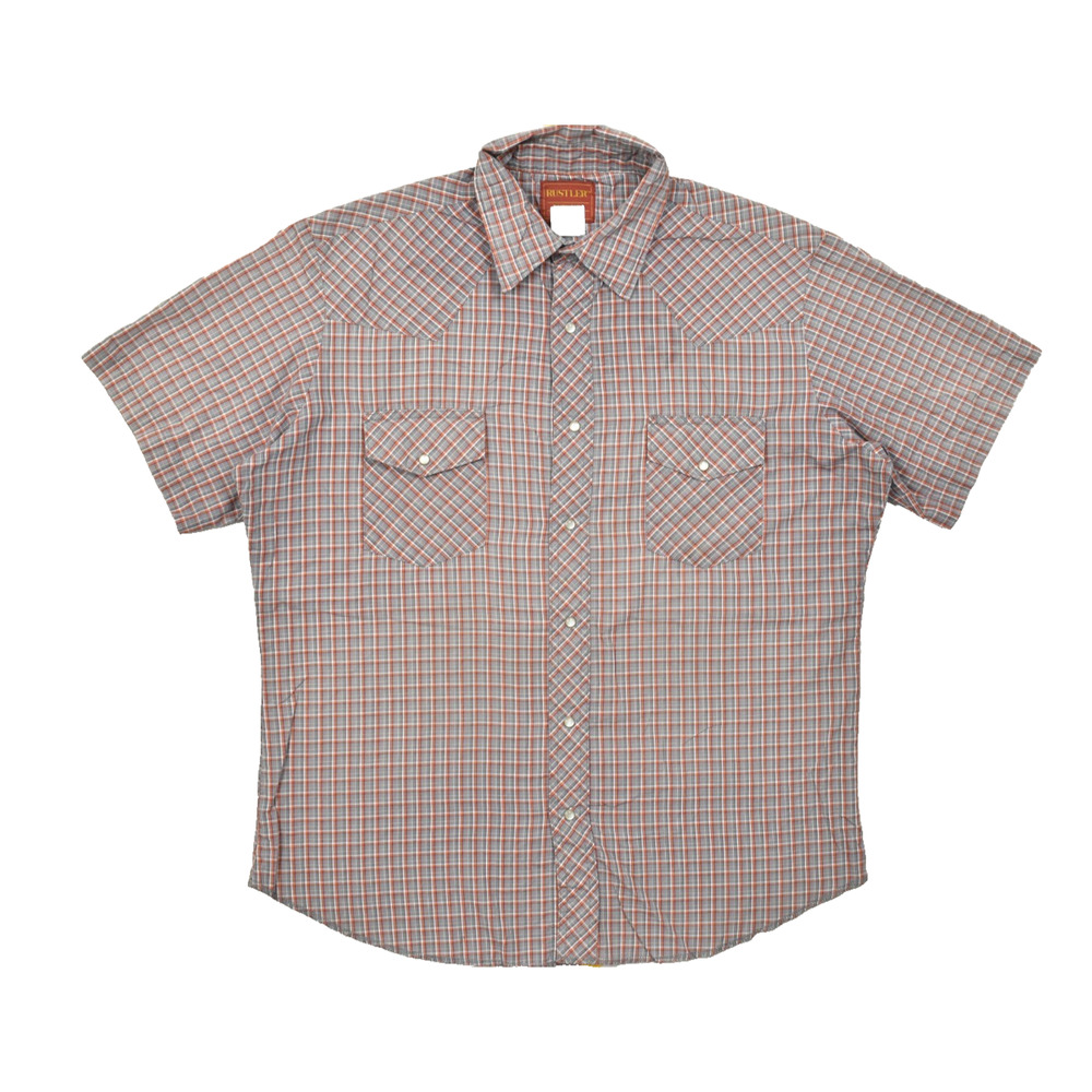 Rustler Men Large X-Long Tails Gray Orange Plaid Pearl Snap Short Sleeve Western